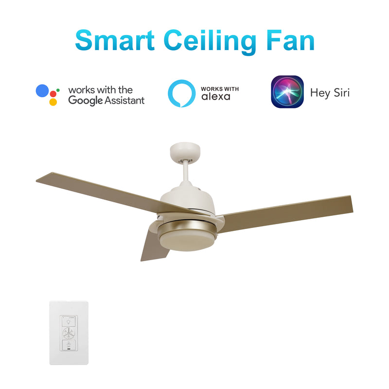 Carro AERYN 52 inch 3-Blade Smart Ceiling Fan with Wall Switch - White/Champagne