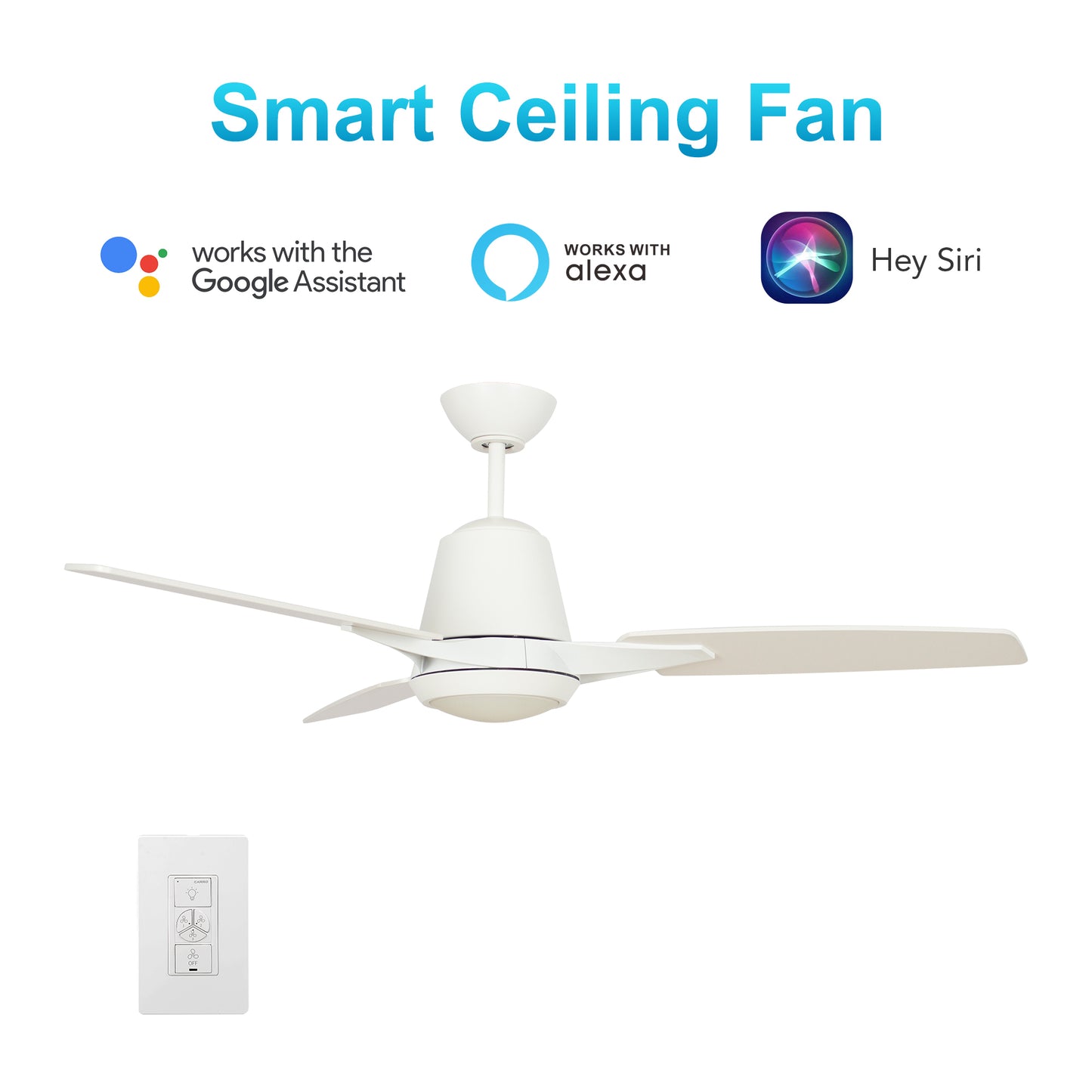 Carro EUNOIA 52'' 3-Blade Smart Ceiling Fan with LED Light Kit & Wall Switch - White/White fan blades