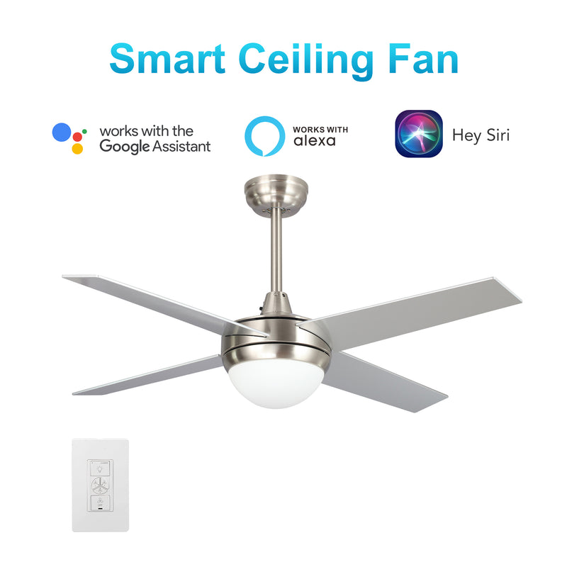 Carro NEVA 52 inch 4-Blade Smart Ceiling Fan with LED Light Kit & Smart Wall Switch - Silver/Chrome