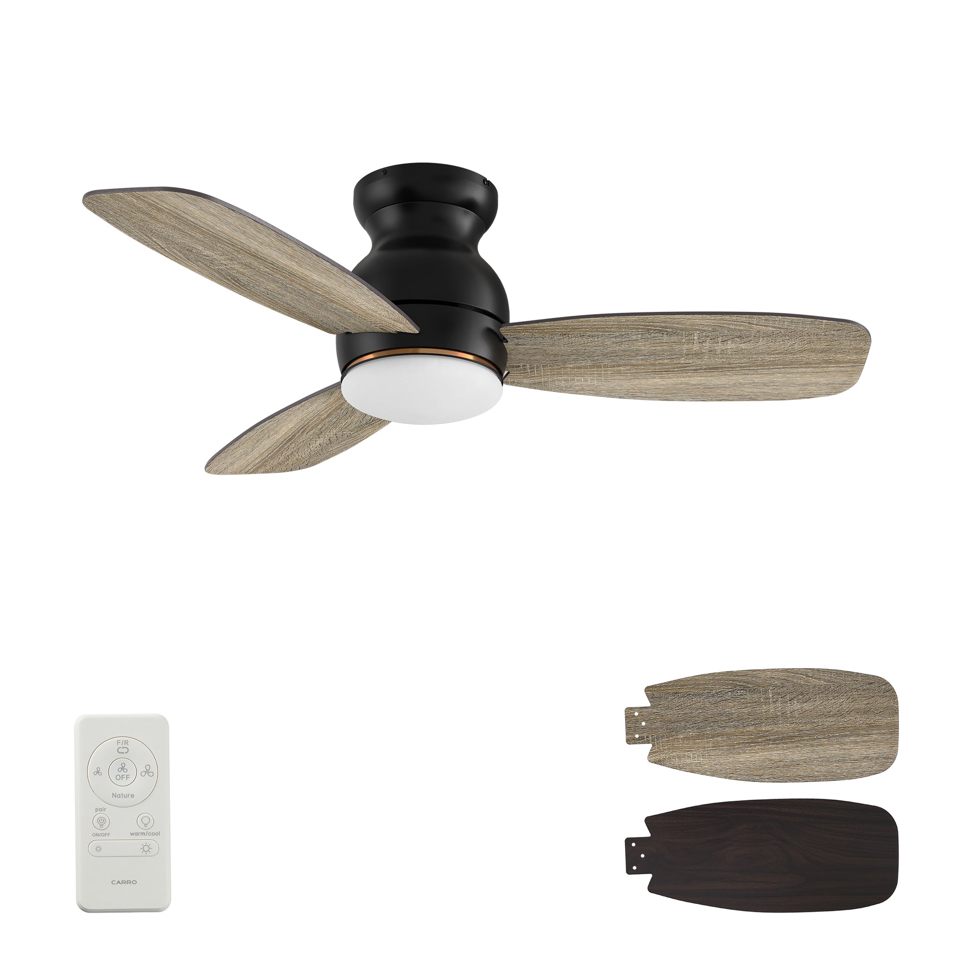 Carro HONITON 44 inch 5-Blade Flush Mount Ceiling Fan with LED Light & Remote Control - Black/Walnut & Barnwood (Reversible Blades)