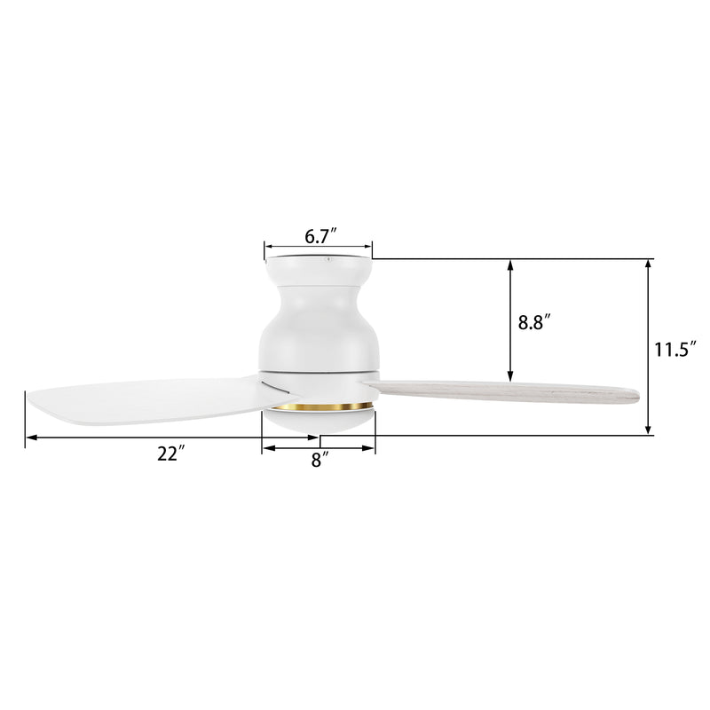 Carro HONITON 44 inch 5-Blade Flush Mount Ceiling Fan with LED Light & Remote Control - White/White & Lightwood (Reversible Blades)