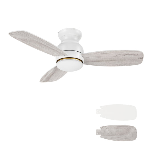 Carro HONITON 44 inch 5-Blade Flush Mount Ceiling Fan with LED Light & Remote Control - White/White & Lightwood (Reversible Blades)