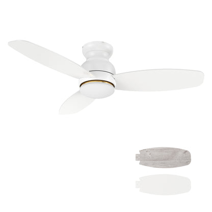 Carro HONITON 48 inch 5-Blade Flush Mount Ceiling Fan with LED Light & Remote Control - White/White & Lightwood (Reversible Blades)