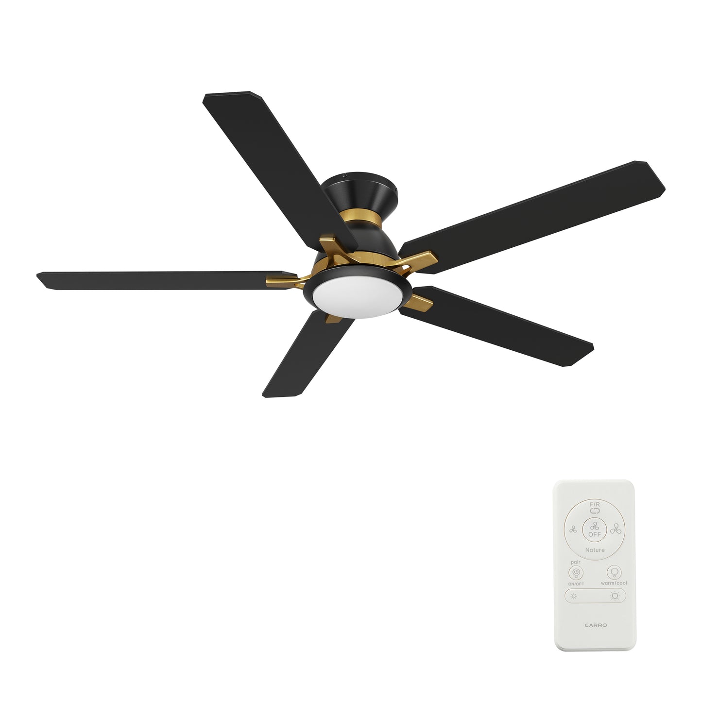 Carro BRISTOL 60 inch 5-Blade Flush Mount Ceiling Fan with LED Light & Remote Control - Black & Gold /Walnut & Barnwood (Reversible Blades)