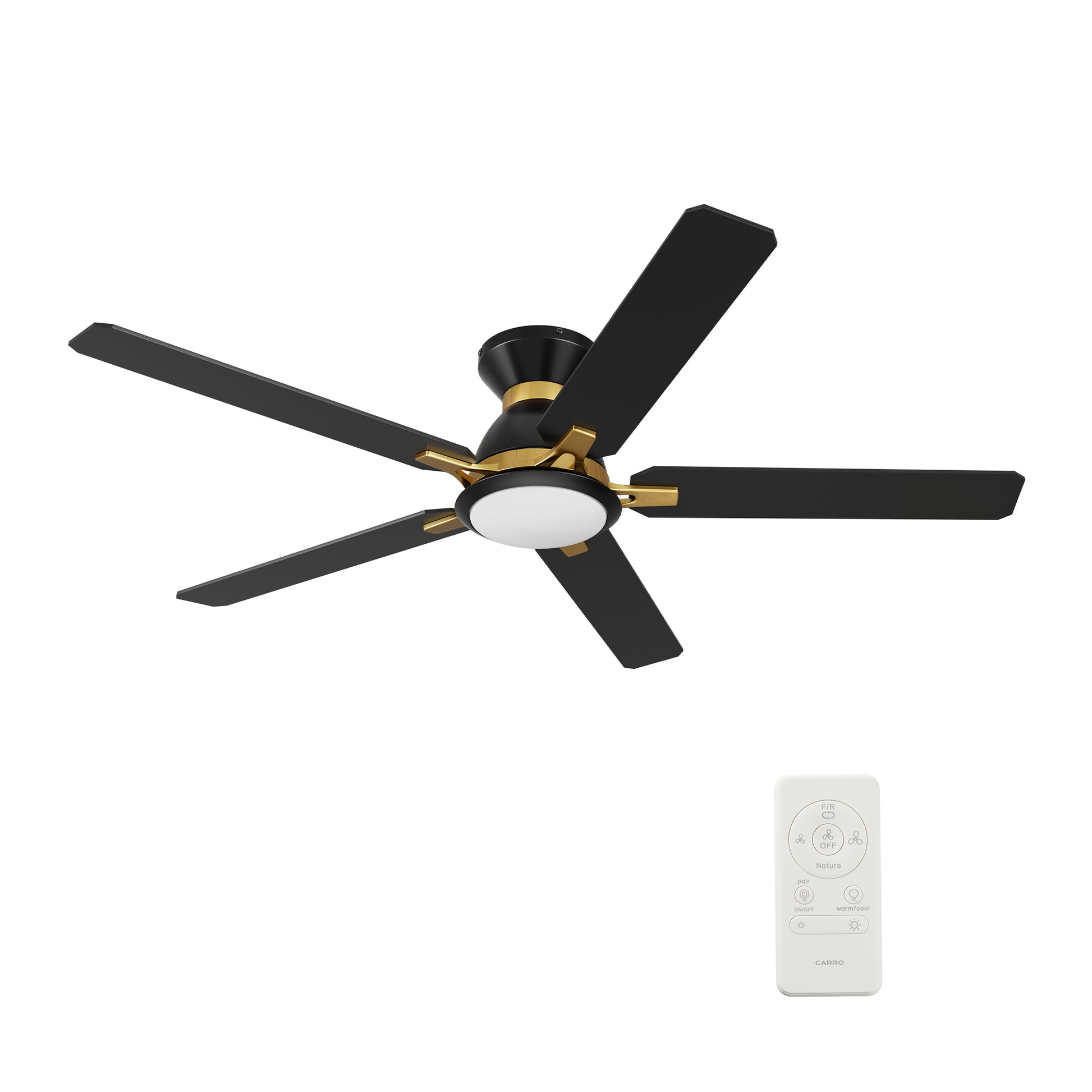 Carro BRISTOL 60 inch 5-Blade Flush Mount Ceiling Fan with LED Light & Remote Control - Black & Gold /Walnut & Barnwood (Reversible Blades)