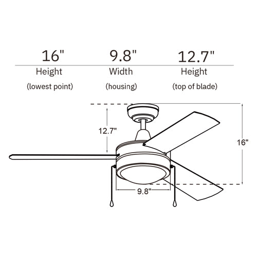 EVERETT 52 Inch 3-Blade Ceiling Fan with Pull Chain-Black/Black