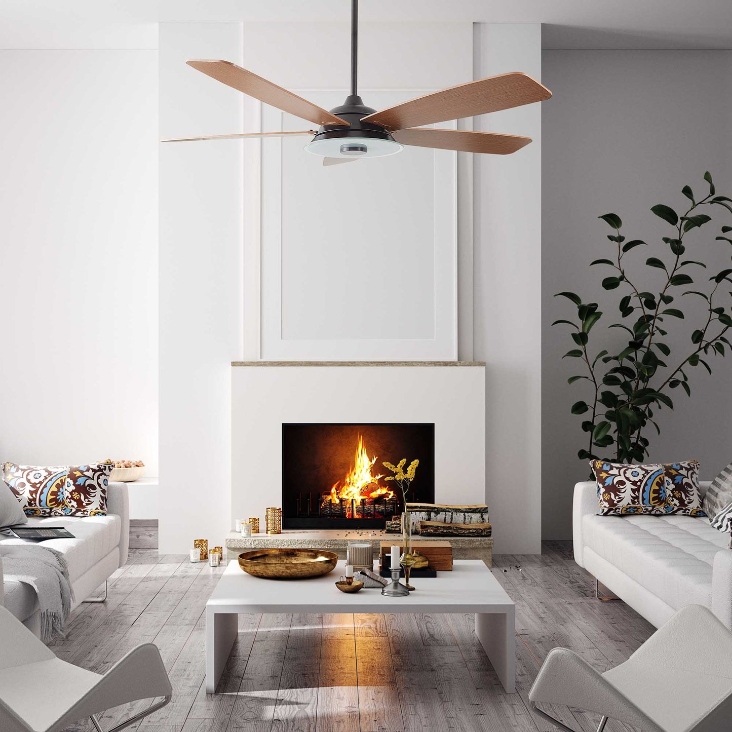 Carro USA JOURNEY 56 inch 5-Blade Smart Ceiling Fan with LED Light Kit & Remote - Black/Fine Wood Grain fan blades