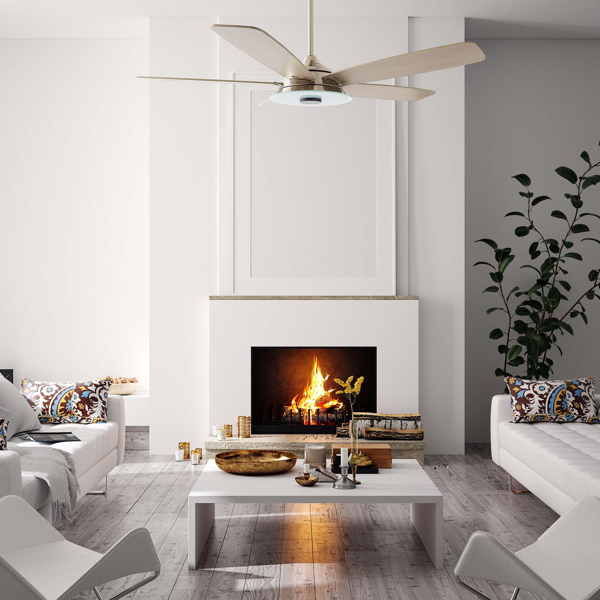 Carro USA JOURNEY 52 inch 5-Blade Smart Ceiling Fan with LED Light Kit & Remote - Silver/Light Wood fan blades